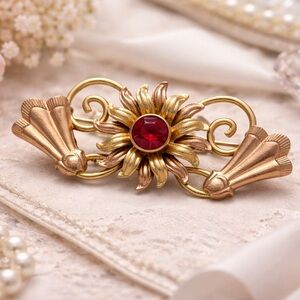Vintage Van Dell 12K Gold Filled Flower Brooch Red Rhinestone 2.6”